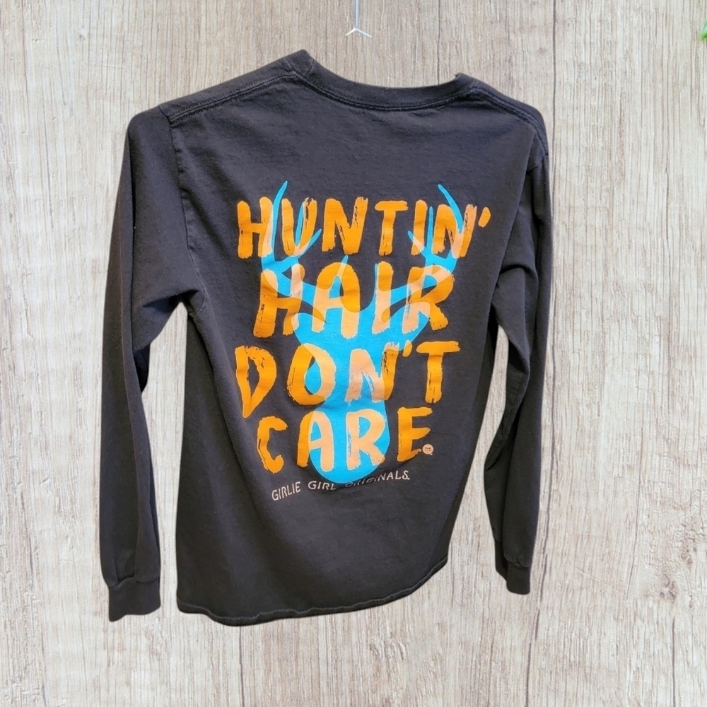 Girlie Girl Orignals sz Small Huntin' Hair don't Care Deer Antler t -Shirt T50